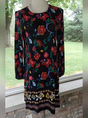 LOFT Black Floral Long Sleeve Dress with Red, Yellow & Green Accents